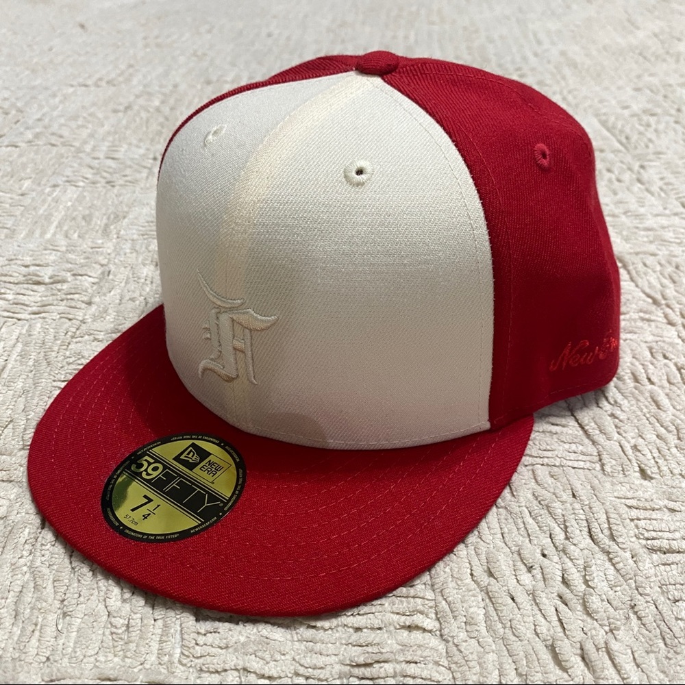 New Era X Fear of God Essentials 59fifty Fitted Hat Size 7 1/4 Red Cream Panel